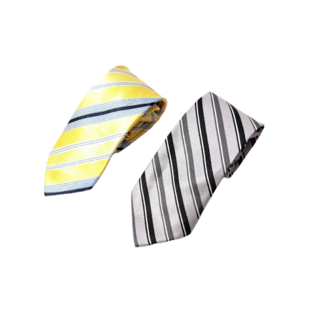 LOT OF 2 Boys Clip Tie Yellow Blues White and Silver Black‎ Grey Stripes
